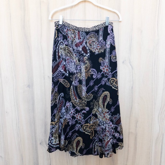 Womens Reversible Midi Skirt Size M Black Multicolor Floral Paisley Ruffle Boho - Picture 5 of 8